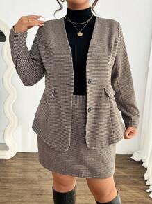 SHEIN Unity Plus Size Women Retro French V-Neck Fitted Suit Set - Coffee Brown - View 1