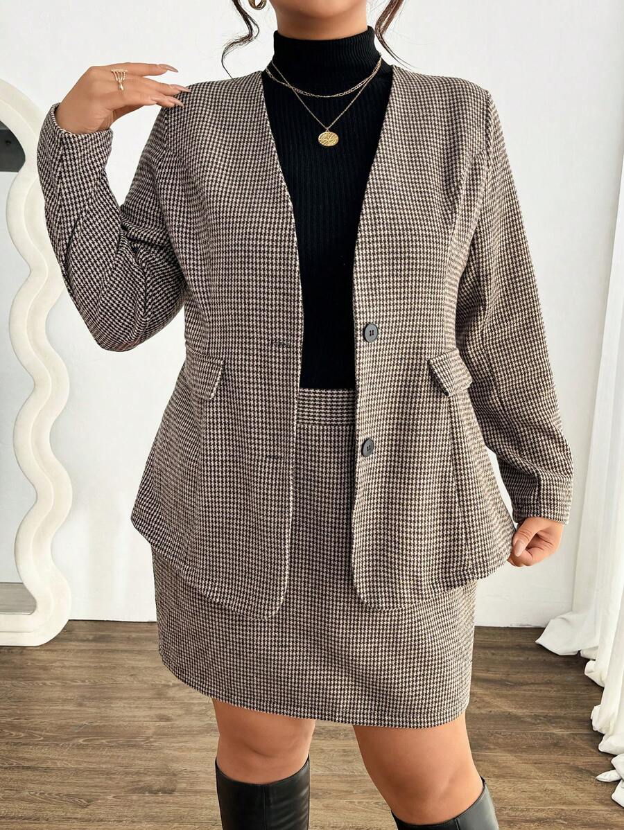 SHEIN Unity Plus Size Women Retro French V-Neck Fitted Suit Set - Coffee Brown - View 1