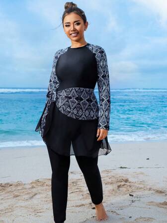 Swim Mulvari 夏季大码女式 2 件套泳衣，拼色不对称印花长袖上衣和裤子，后拉链设计搭配黑色网眼印花裙，优雅休闲度假海滩布基尼阿拉伯服装