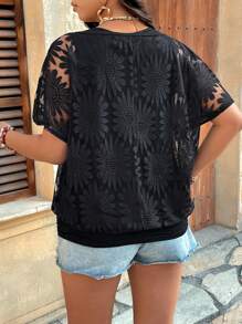 EMERY ROSE Plus Size Lace Fabric Asymmetric Shoulder Cover-Up With Contrast Lining Camisole, 2 In 1 Design, Cinched Waist, Casual Scoop Neck Cover Up For Women Going Out, Vacation, Commuting - Black - View 2