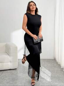SHEIN Essnce Plus Size Women's Spring And Summer Valentine's Day New Style Fashion Casual Commuting Elegant Black Party Sexy Tassel Sleeveless Long Dress