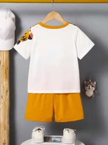 SHEIN 2 sztuki/zestaw dla chłopców, casualowy, uroczy nadruk tygrysa, okrągły dekolt, krótki rękaw, T-shirt i spodenki, nadaje się do codziennego noszenia, styl college'owy, wiosna/lato - Żółty - Zobacz 2
