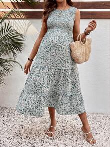 SHEIN Maternity Ditsy Floral Sleeveless Casual Dress - Green - View 6