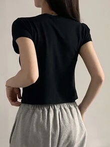 DAZY Camiseta casual de mujer de cuello redondo, manga corta, con estampado, camiseta gráfica de uso diario, top corto para mujer