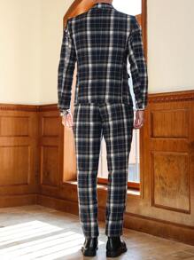Manfinity Mode Bộ đồ vest nam dài tay và quần dài họa tiết kẻ caro cài một hàng khuy - Màu xanh hải quân - Xem 2