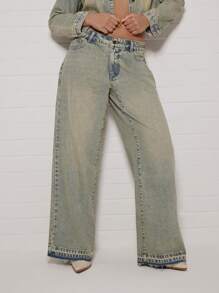 SUMWON WOMEN 设计师款超大阔腿牛仔裤，采用原始下摆设计，复古风格的漂白牛仔布，高腰男友风格，非常适合春夏休闲装