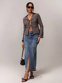 Forever 21 女士休闲通勤条纹系带长袖上衣 - 彩色 - 查看 3