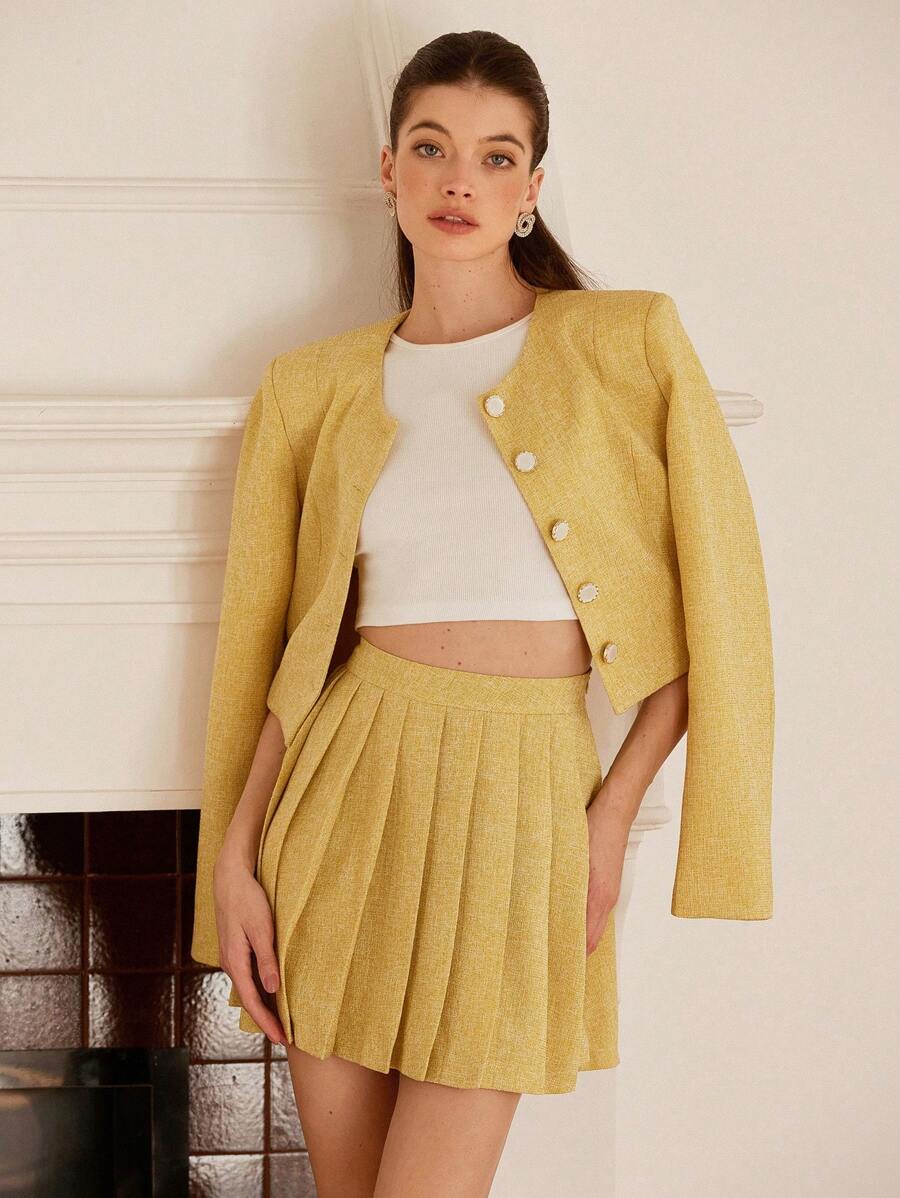 Aveloria Rosie Lady-Like Tweed Short Collarless Button Jacket Paired With Pleated Mini Skirt Fashion Suit Set For Women, Elegant And Sophisticated Style Suitable For Valentine's Day