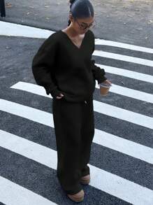 Muchica Bộ 2 món - Áo nỉ cổ chữ V rộng rãi và quần nỉ thể thao cho nữ, Thu/Đông - màu đen - Xem 4