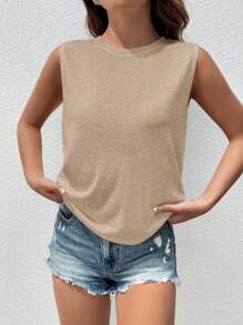 SHEIN Essnce 女士无袖纯色休闲背心，时尚日常穿着 - 卡其色 - 查看 4