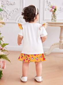 女婴休闲装：白色短袖 T 恤，带月亮和星星印花和裙子套装 - 彩色 - 查看 2