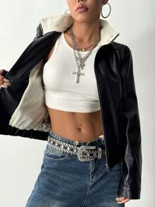 StreetHx Plush Patchwork Front Zip Pockets Faux Leather Pilot Jacket - Black - View 4