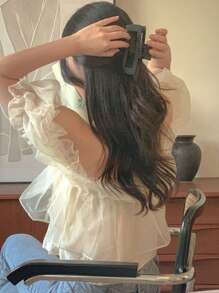 DAZY Blusa corta con hombros descubiertos y volantes en el dobladillo, color albaricoque, para primavera/verano - Albaricoque - Ver 2