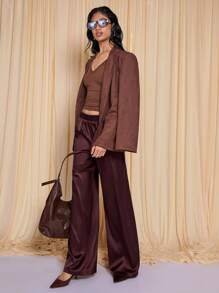 COSMINA 女士优雅宽松棕色阔腿裤，适合日常通勤，春夏季 - 棕色 - 查看 3