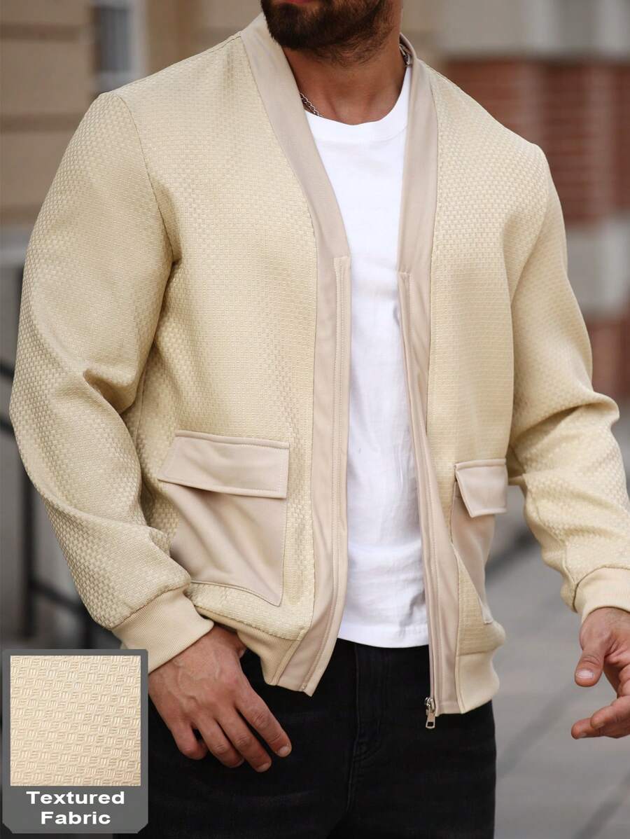 Manfinity Homme Men's Autumn/Winter Long Sleeve Contrast Color Cargo Pocket Jacket - Khaki - View 1