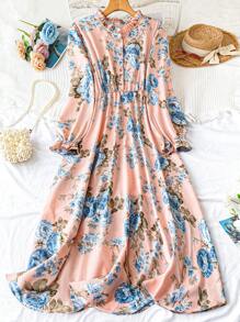 SHEIN Clasi 大码女式花卉印花长袖连衣裙长款女式服装 - 藕粉色 - 查看 1