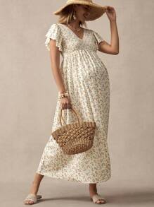 Boho Mama Boho Ditsy Floral Maternity Dress, Romantic For Vacation, Commuting - Apricot - View 1