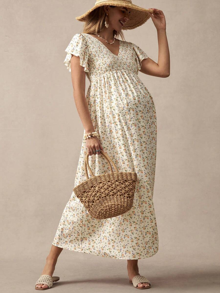 Boho Mama Boho Ditsy Floral Maternity Dress, Romantic For Vacation, Commuting - Apricot - View 1