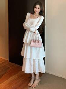 DAZY Lace Jacquard Flared Midi Dress For Women, Slim Fit,Ruffle,Fall Dress Long Sleeve Dress - White - View 10