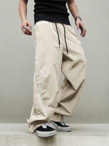 Aesthetic Post 男士休闲拼接侧缝宽松阔腿裤 - 杏色 - 查看 6