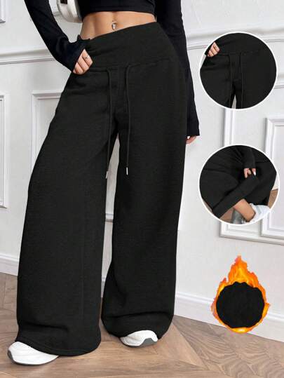 Chiquease 灰色针织保暖内衬抽绳腰直腿宽松裤，冬季