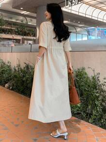 DAZY Damen lässiges Strandkleid aus Leinen mit Kordelzug Taille und einfarbigem Design - Aprikosenfarben - Übersicht 5