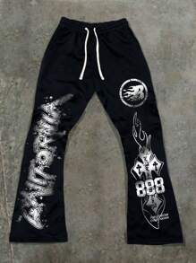 PAVTROS Men's Y2k Gothic Graphic Drawstring Waist Sports Pants, Casual Sweatpants, For Husband, Boyfriend Gifts, For Rave