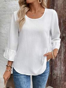EMERY ROSE Women Solid Color Round Neck Ruffle Hem Casual Versatile Blouse - White - View 4