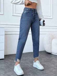 SHEIN Cottnline 100%Cotton Ladies' Distressed Frayed Hem Denim Jeans - Light Wash - View 5