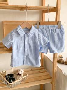 Baby Boys 2 Pieces Set Blue Textured Fabric Shirt & Short Outfit Clothes, Suitable For Babies To Wear On All Occasions In Summer, Textured Fabric For Quality Feel