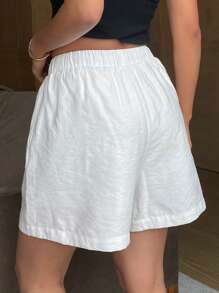 Livesso Solid Color Loose Straight Drawstring Waist Casual Vacation Women Shorts, Summer Sweater Shorts