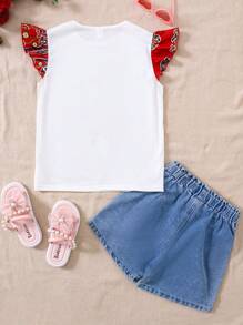 SHEIN رمضان تي شيرت قطني بأكمام مطوية ومقصورة للفتيات المراهقات، بطبعة نجوم وهلال نمط يومي عادي - أبيض - مشاهدة 7