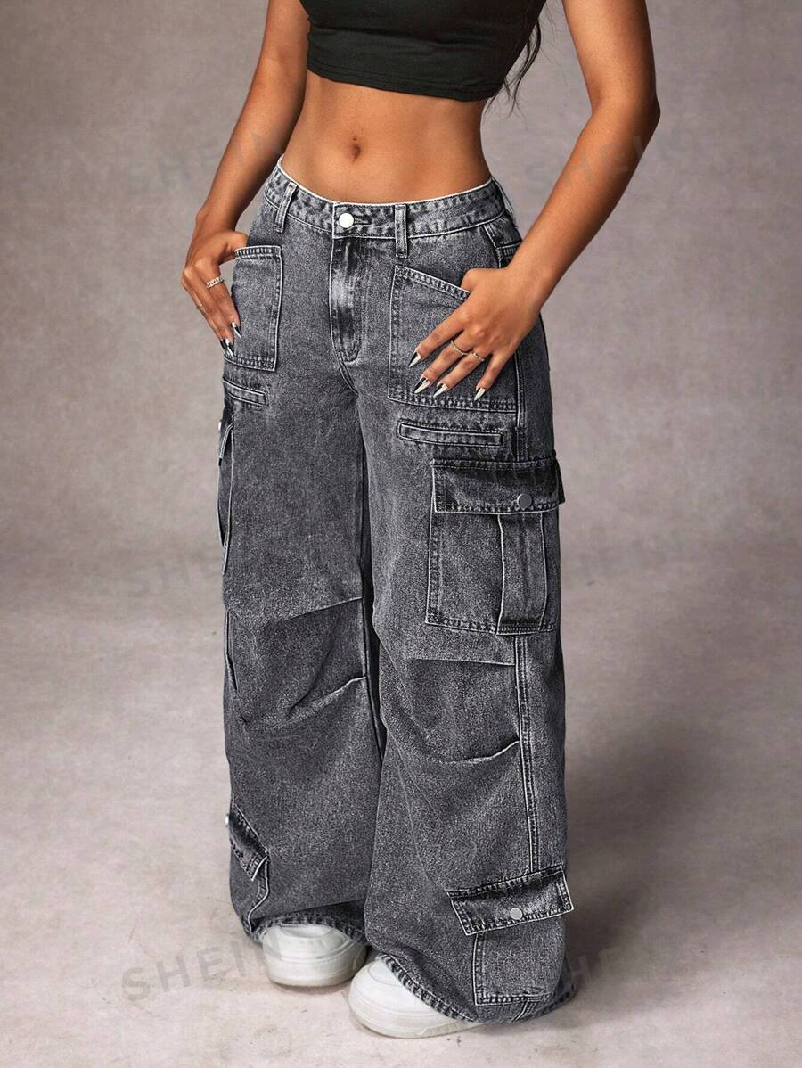 SHEIN ICON Jeans casuales de mujer con bolsillo delantero con botones sencillos, ropa de tiempo libre diaria