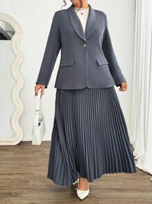 Celure 大码女式 2 件套 新款简约灰色翻领长袖西装外套 + 灰色褶皱长裙套装 - 灰色 - 查看 3