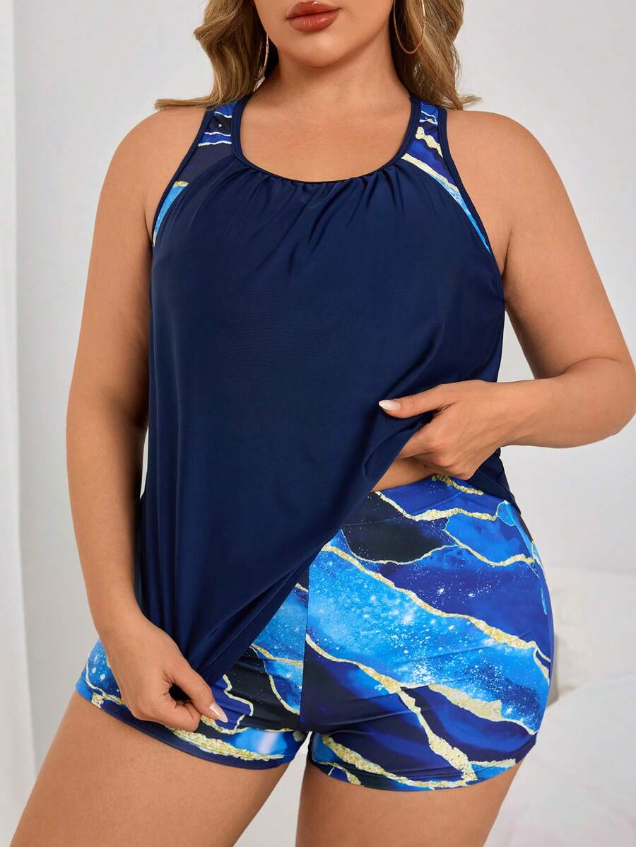 Plus Size Women Marble Print Square Neck Loose Summer Beach Vacation Tankini Swimwear Set