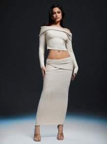 SHEIN Unity Knit Twist Folded Off Shoulder Crop Sweater - Apricot - View 4