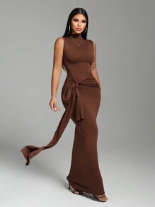 VaVaBold Women's Mock Neck Tie Front Dress, Sexy & Elegant - Brown - View 7