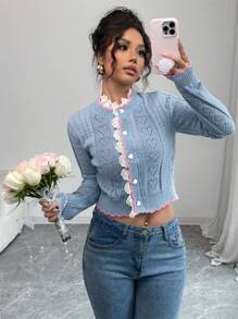 Islaluna Contrast Color Lace Splicing Knit Cardigan Sweater Jacket, With Heart Graphic For Valentine's Day Gift - Dusty Blue - View 1