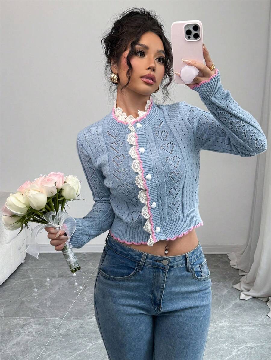 Islaluna Contrast Color Lace Splicing Knit Cardigan Sweater Jacket, With Heart Graphic For Valentine's Day Gift - Dusty Blue - View 1