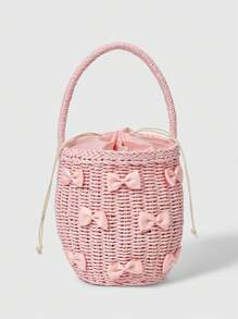 ROMWE Kawaii Women's Woven Bow Decor Large Capacity Tote Pink Bag, Fashionable For Daily Travel
