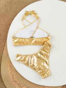 Swim SXY Women's Spring Break Beach Wear Summer 2 Pieces Outfit, Solid Color Criss-Cross Pearl Strap Sexy Open Back Circular Ring Bikini Set, Boho Festival - Gold - View 5