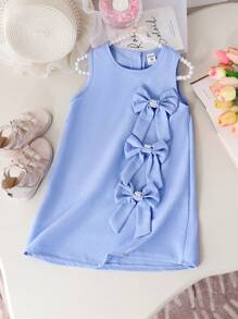 SHEIN Young Girl' Summer Sleeveless Dress With Large Bow, Blue, Elegant, Sweet, Fashion, Sleeveless Princess Style