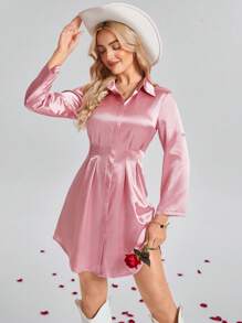 SHEIN LUNE Váy suông kẻ sọc không tay cài nút eo cho nữ, xanh và trắng, váy sơ mi thường ngày, ngày lễ tình nhân - Hồng - Xem 1