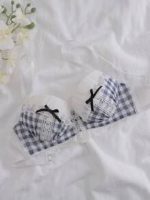 DelicateAllure 荷叶边舒适甜美格子蝴蝶结装饰女士文胸内衣蝴蝶结，可爱 - 彩色 - 查看 5