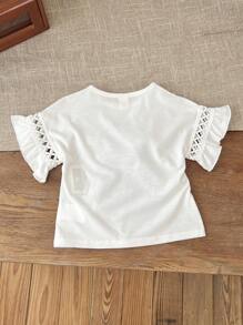 SHEIN LMoss Kids Tween Girls' Round Neck Drop Shoulder Lace & Wave Hem Character Print T-Shirt