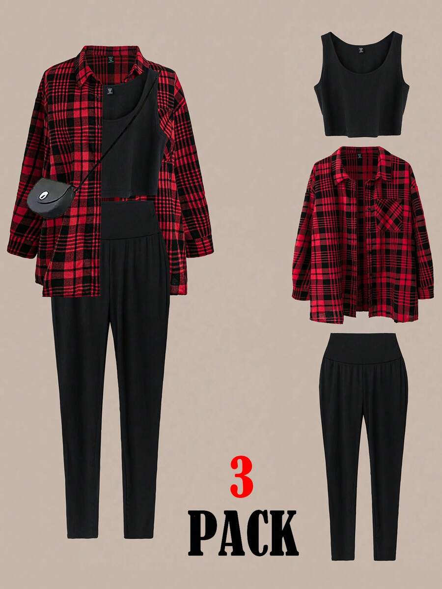 Flirla Plus Size 3pcs Set: Plaid Long Sleeve Shirt, Ribbed Vest And Ribbed Pants - Multicolor - View 1