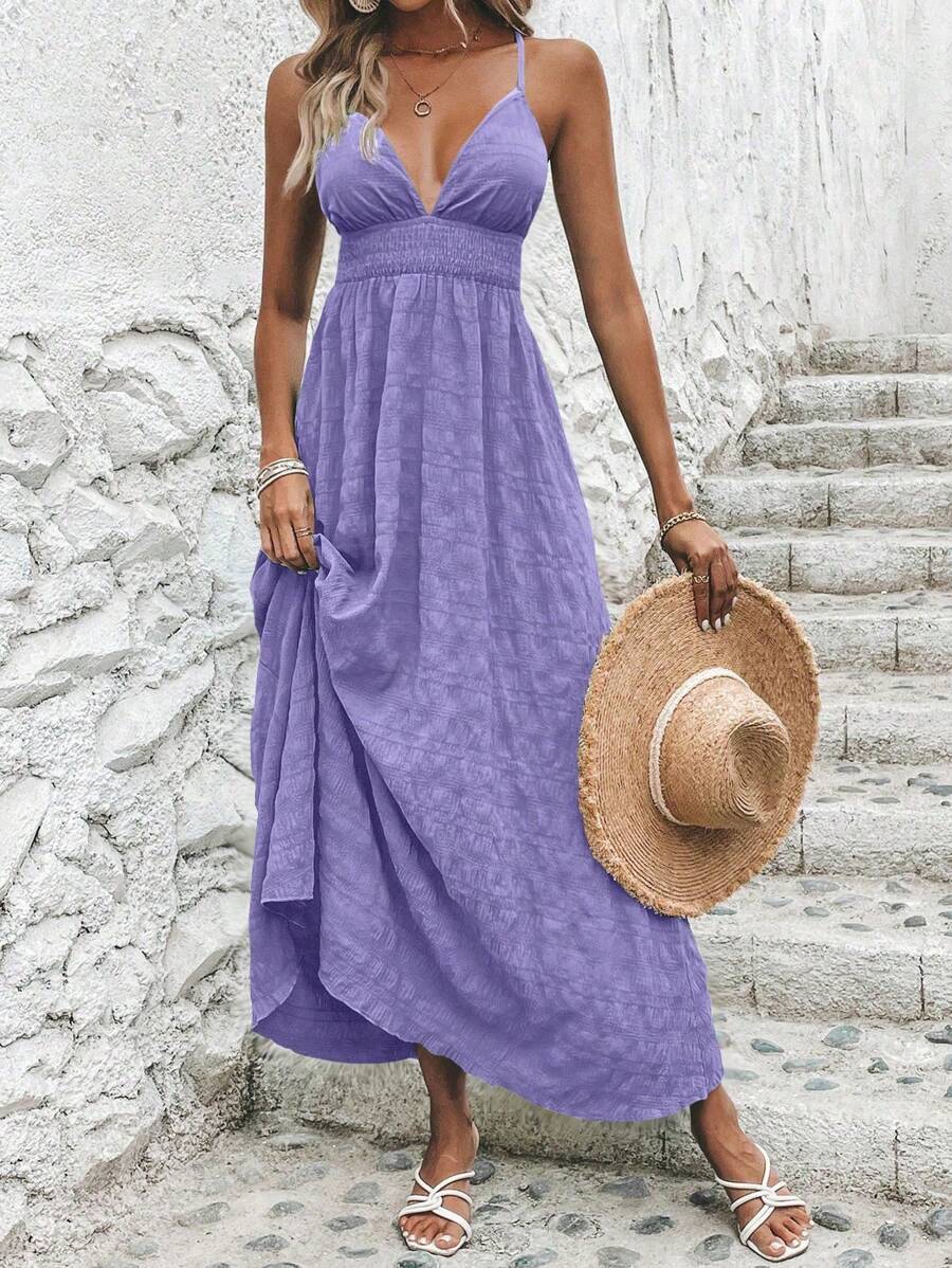 Breezaya Solid Criss Cross Tie Backless Cami Dress For New Year Clothes Maxi Vacation Beach Outfits Women