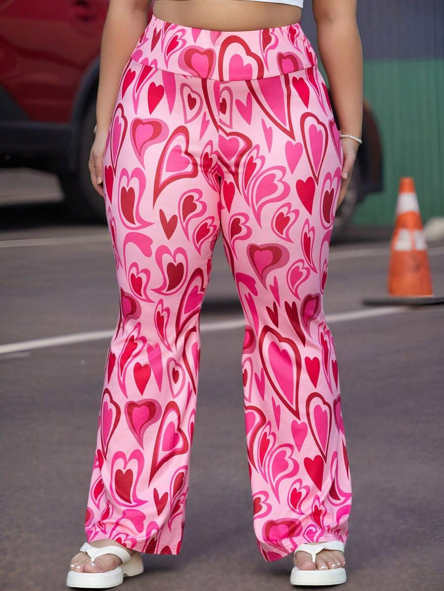 SHEIN EZwear 大码春季千禧粉红心形印花针织喇叭运动裤