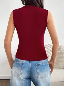 Flirla Wine Red Rib-Knit Open Front Button Sleeveless Cropped Camisole Top, Fashionable Minimalist Sweet Design, Super Stretchy & Soft, For Women Spring/Autumn