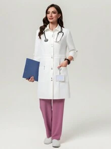 Scrubzie Bata de laboratorio larga antiarrugas para mujer, color blanco - Blanco - Ver 3